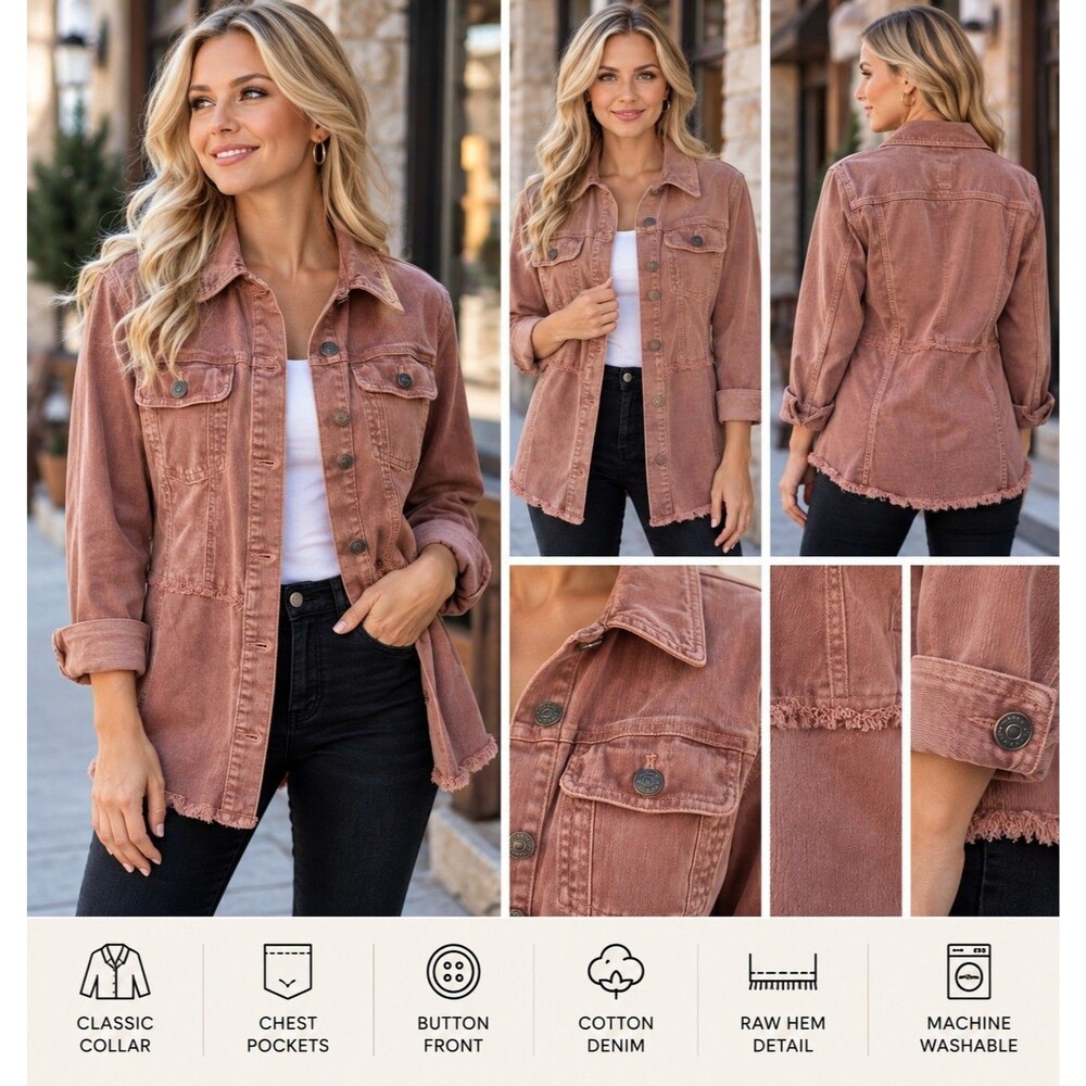 Logo Denim Lori Goldstein Women's MP Mauve Pink Denim Jacket Shacket Frayed Hem